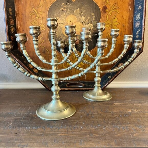 Vintage Solid Brass Menorah Candelabra 7-Branch Candle Holder Judaica 10 inch - Picture 2 of 11